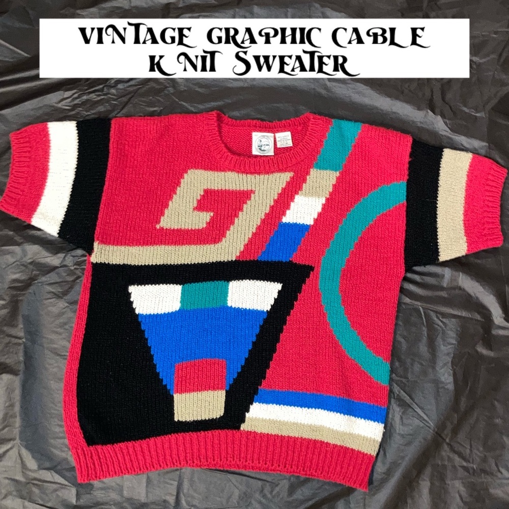 Retro Couture 80s Vintage Abstract Print Short Sleeve Sweater